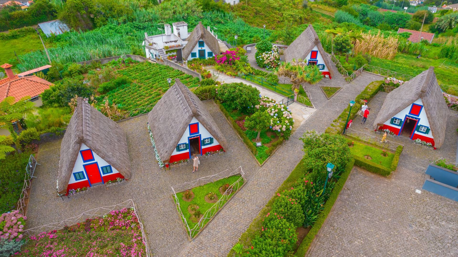 Traditional triangular houses surrounded by garden and nature in Madeira.