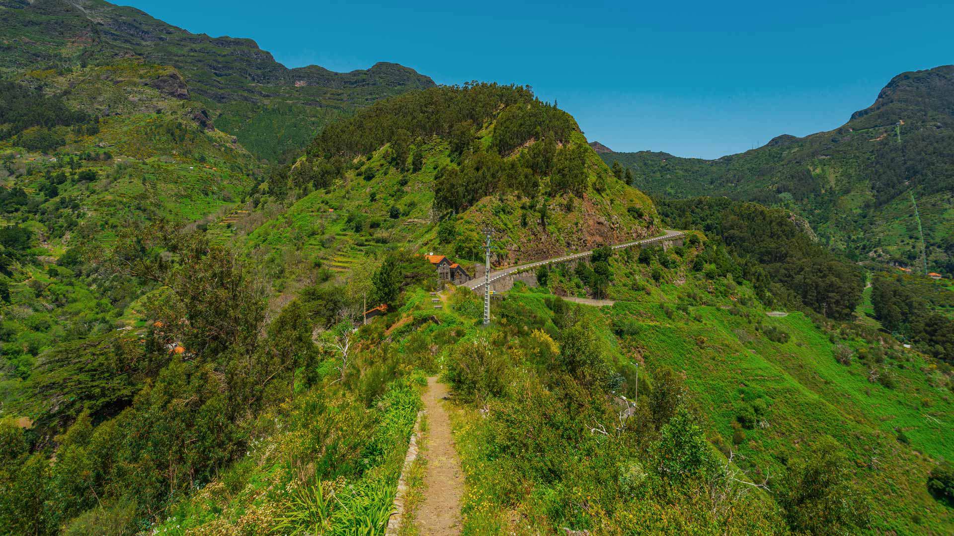 Vue aérienne du belvédère Pico da Murta avec montagnes et végétation à Madère.