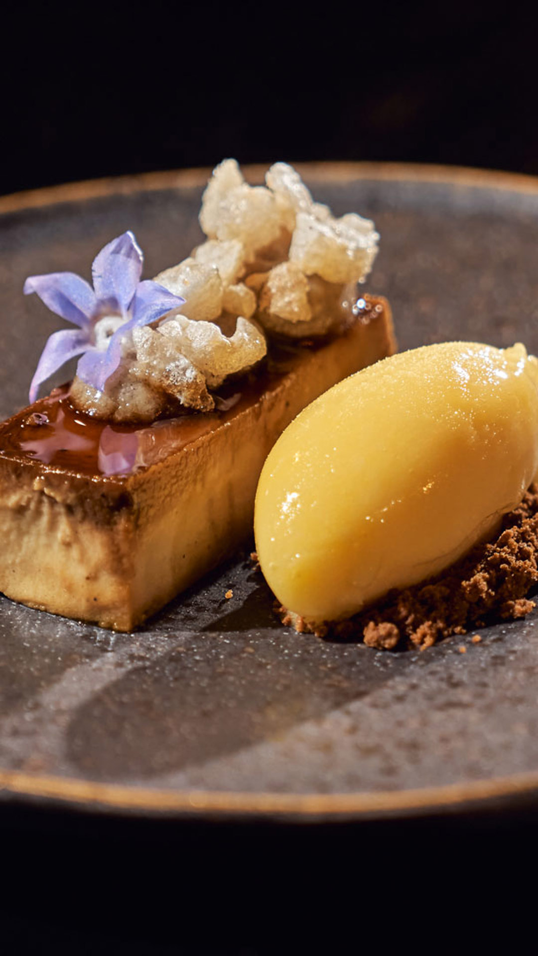 Dessert im Stil der zeitgenössischen Küche angerichtet.