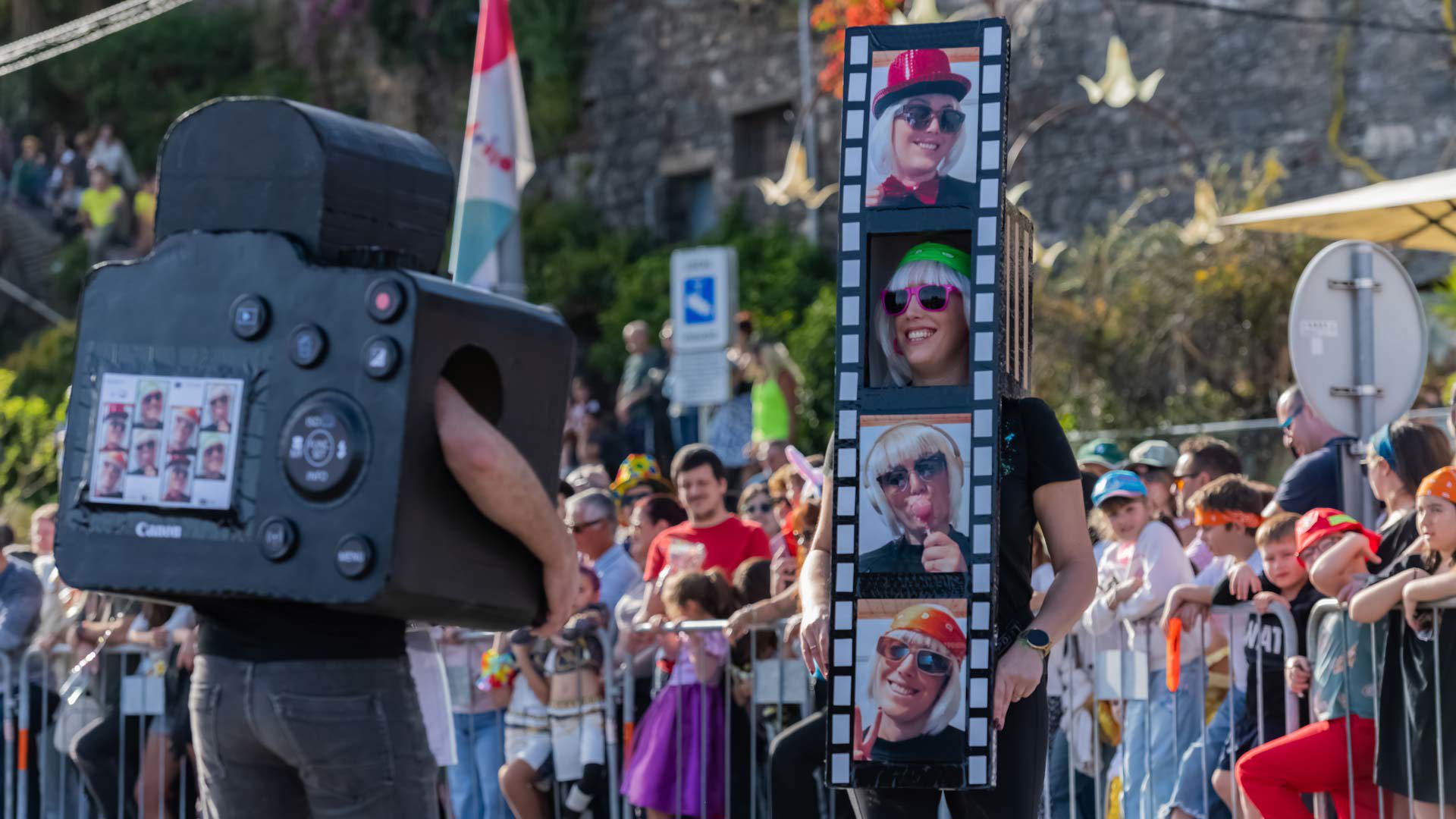 People in Trapalhão costumes taking part in a Carnival parade in Madeira.