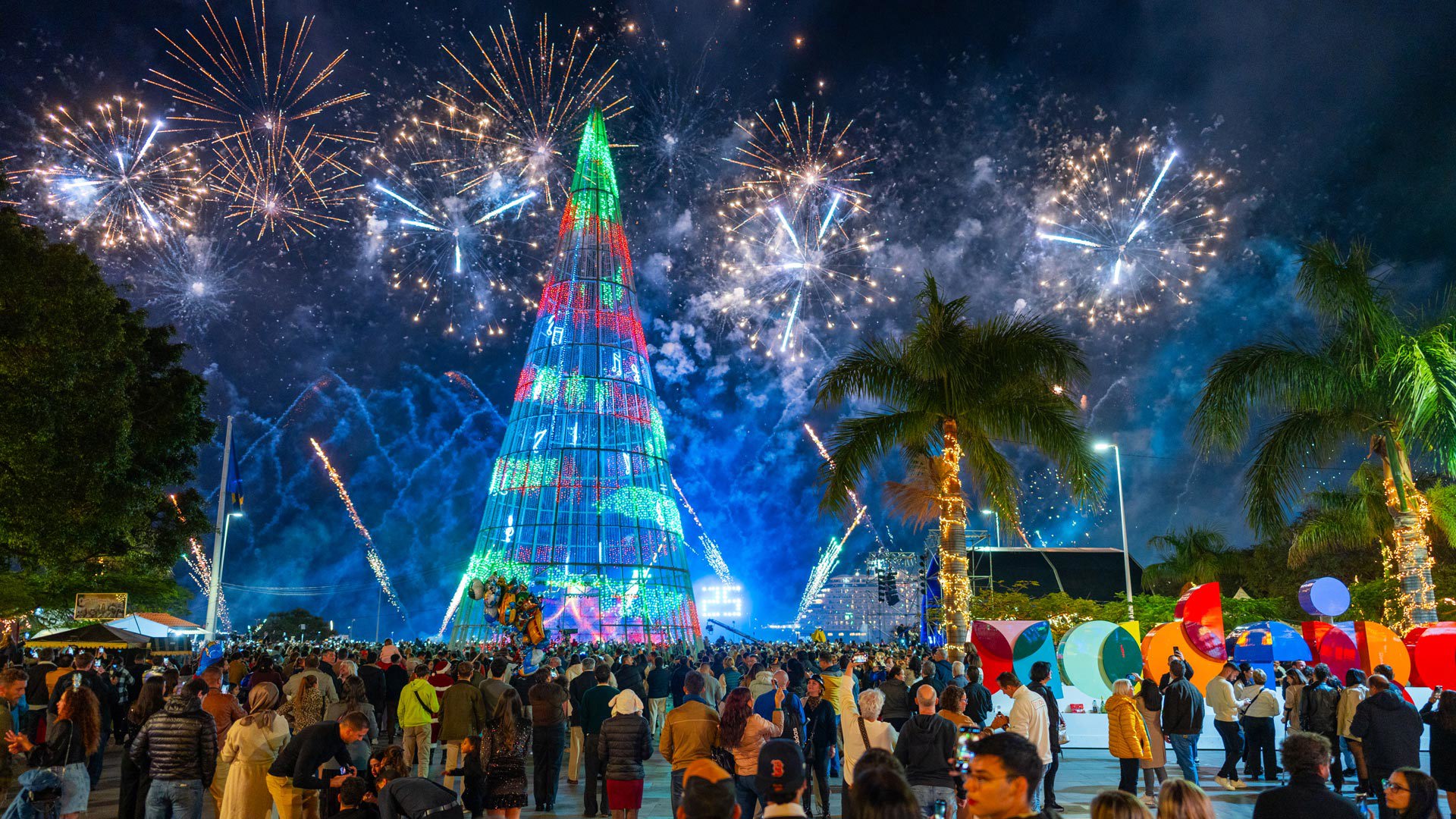 Personas observan fuegos artificiales y árbol de Navidad iluminado en Funchal, Madeira.