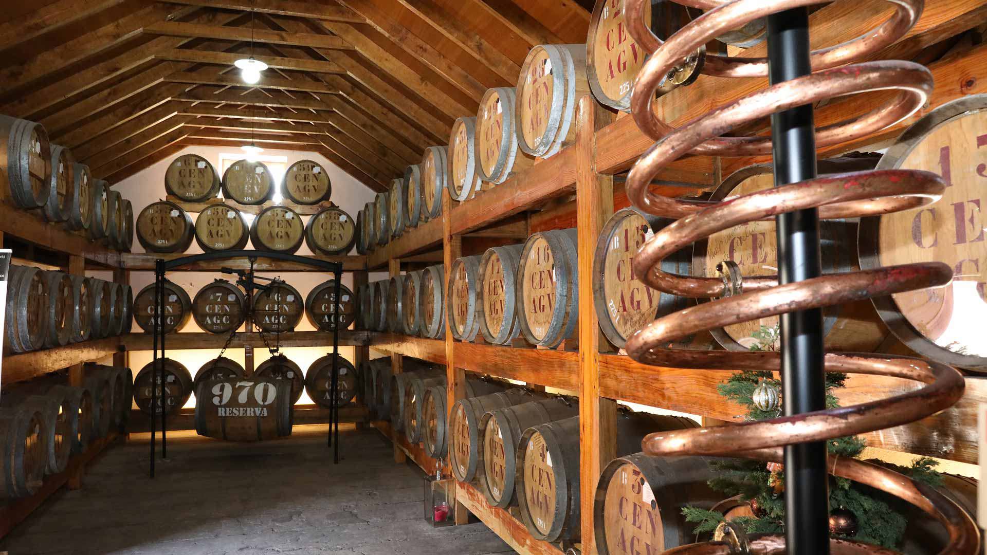 Cave avec des fûts de rhum agricole de Madère à l’Engenho do Ribeiro Seco.