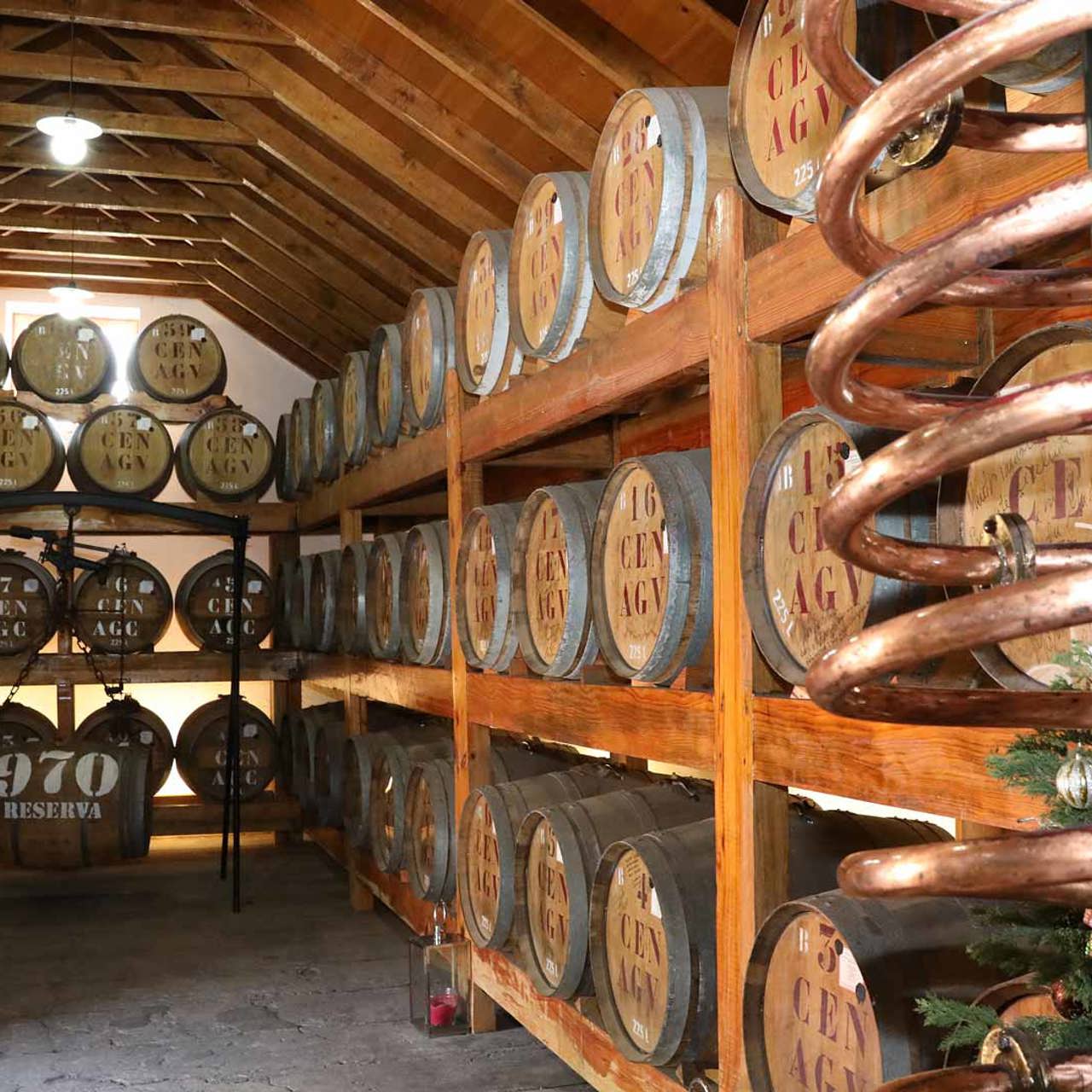 Bodega con barricas de ron agrícola de Madeira en el Engenho do Ribeiro Seco.