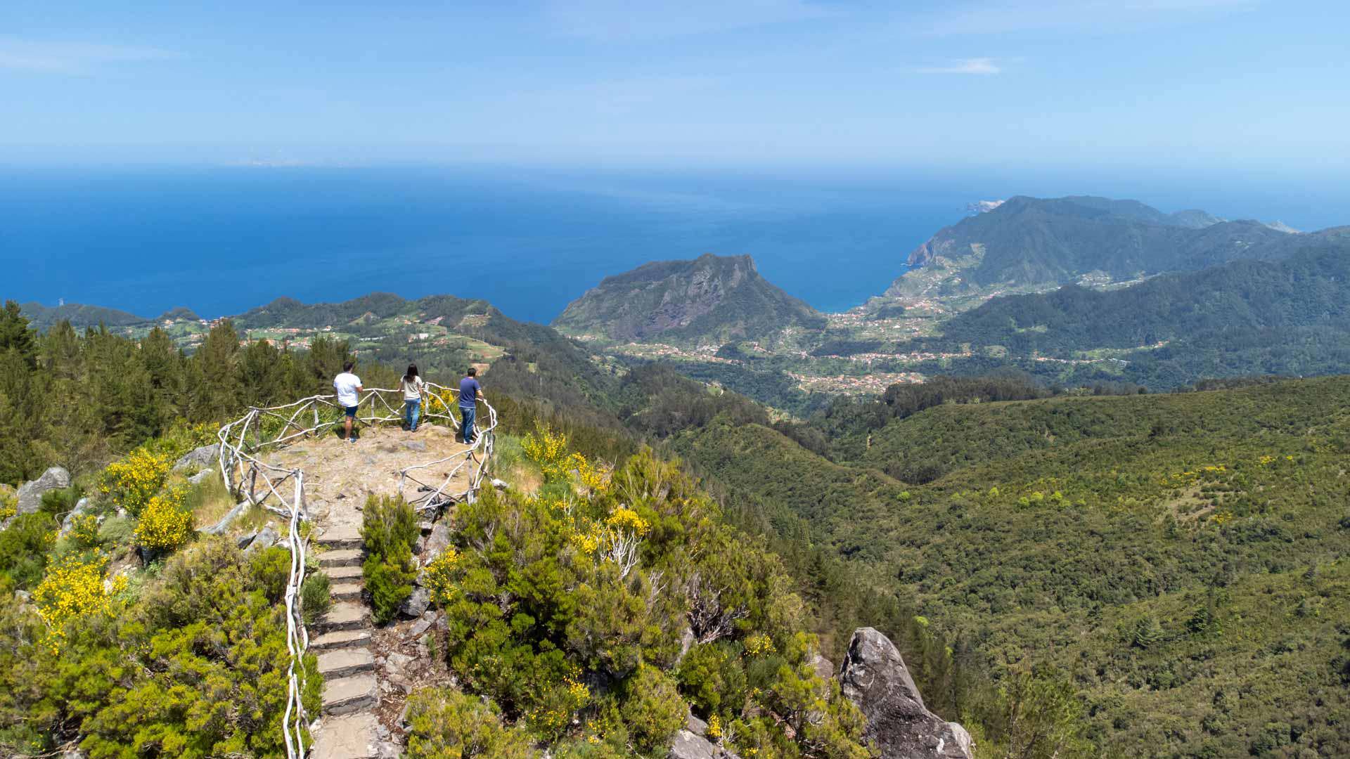 Personas en un mirador entre vegetación con vistas al mar y montañas.