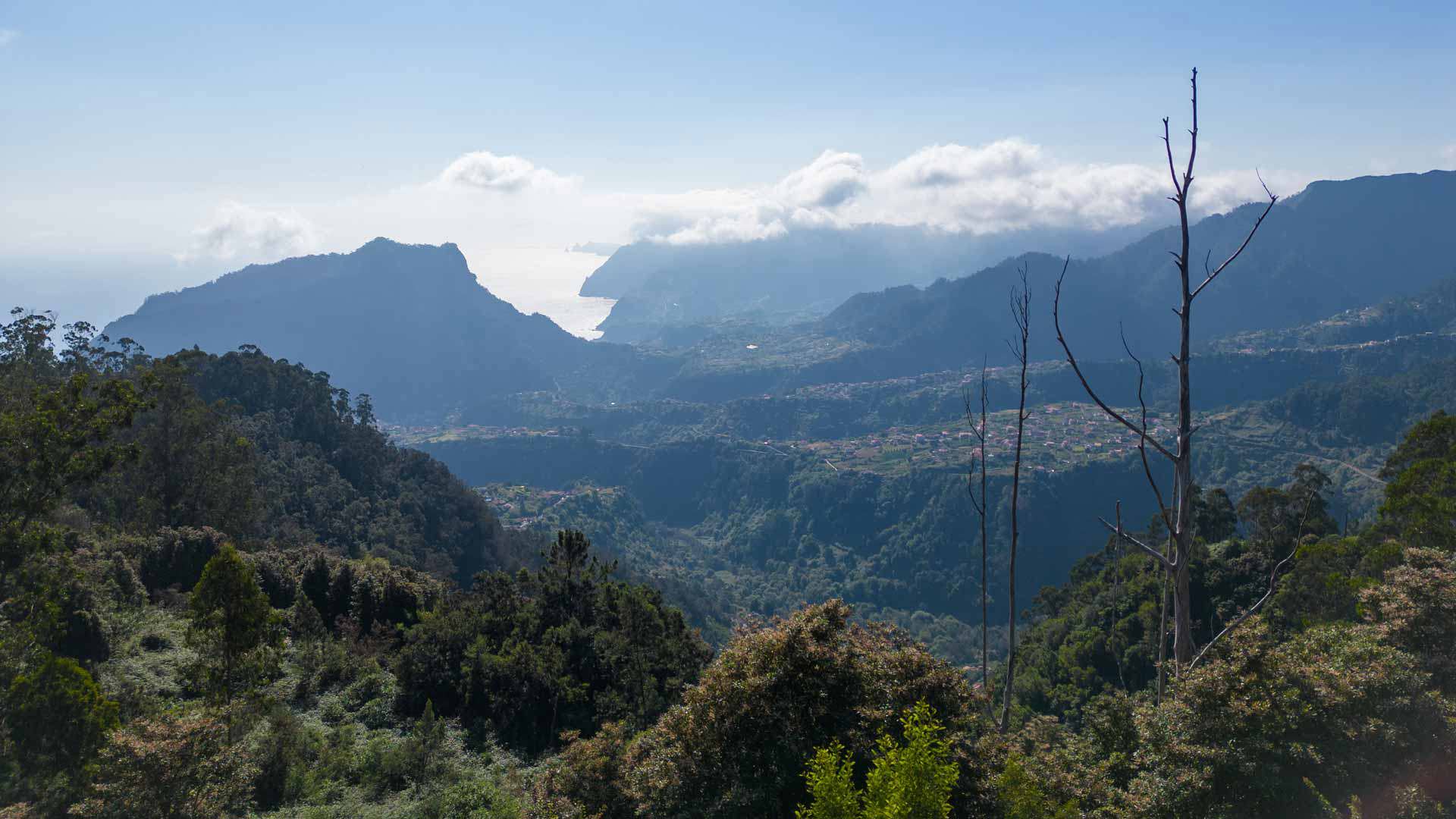 Montanhas com vegetação, nuvens e céu azul na Madeira.