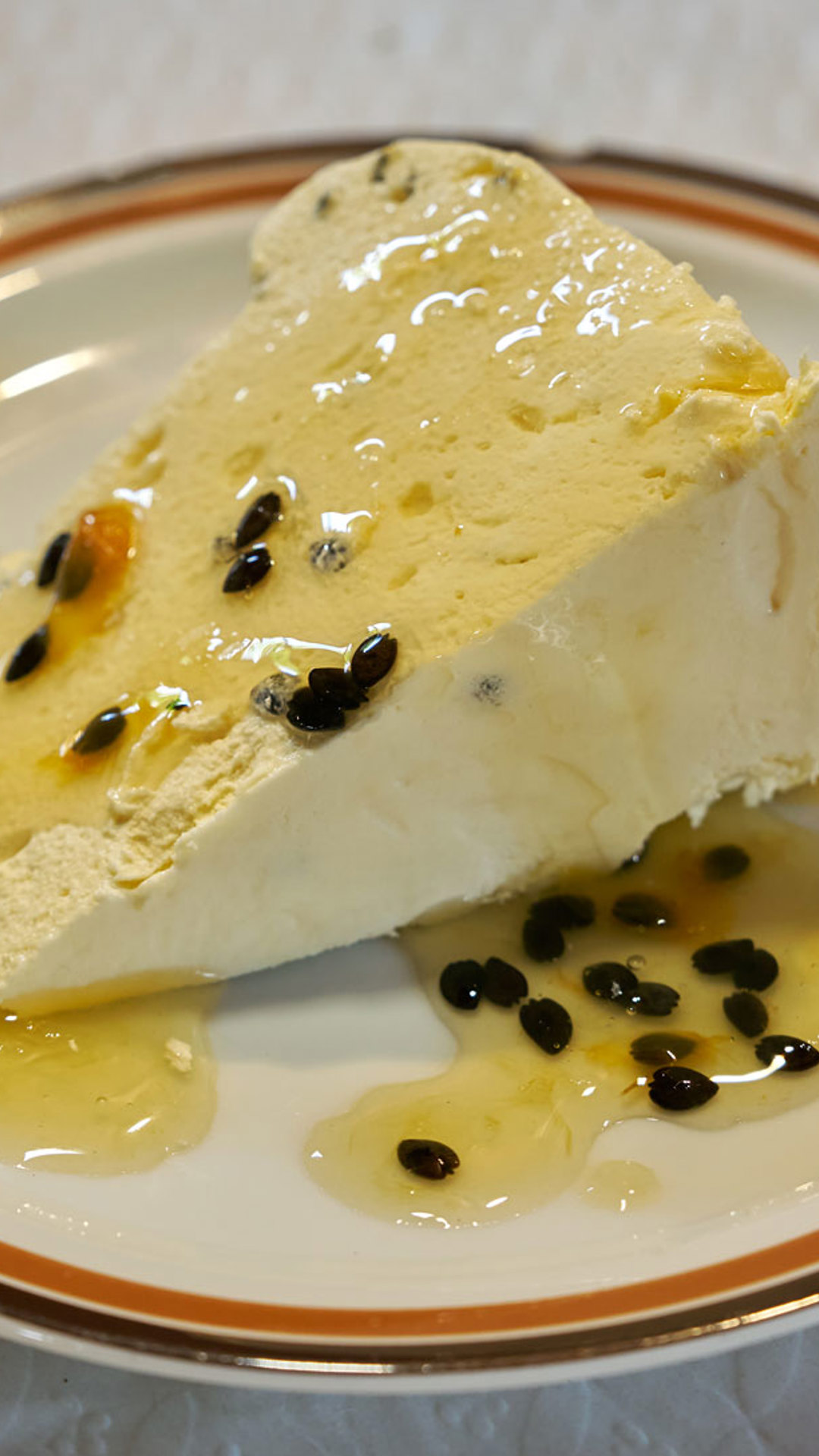 Plate with passion fruit pudding, a traditional dessert from Madeira Island.
