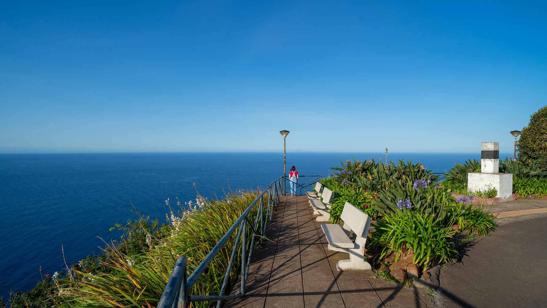 Vegetação e vedação num miradouro com bancos e vista para o mar.
