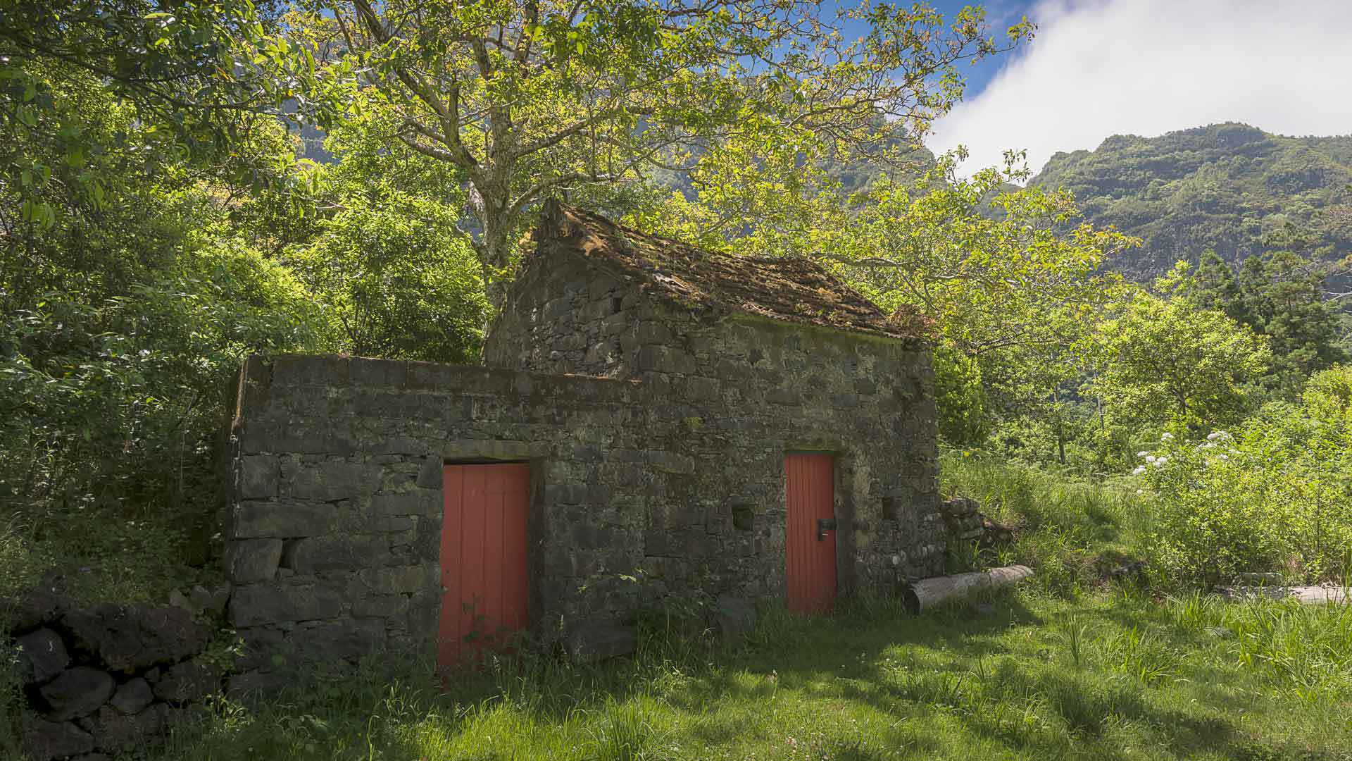 Casa de pedra com duas portas vermelhas, rodeada por árvores.