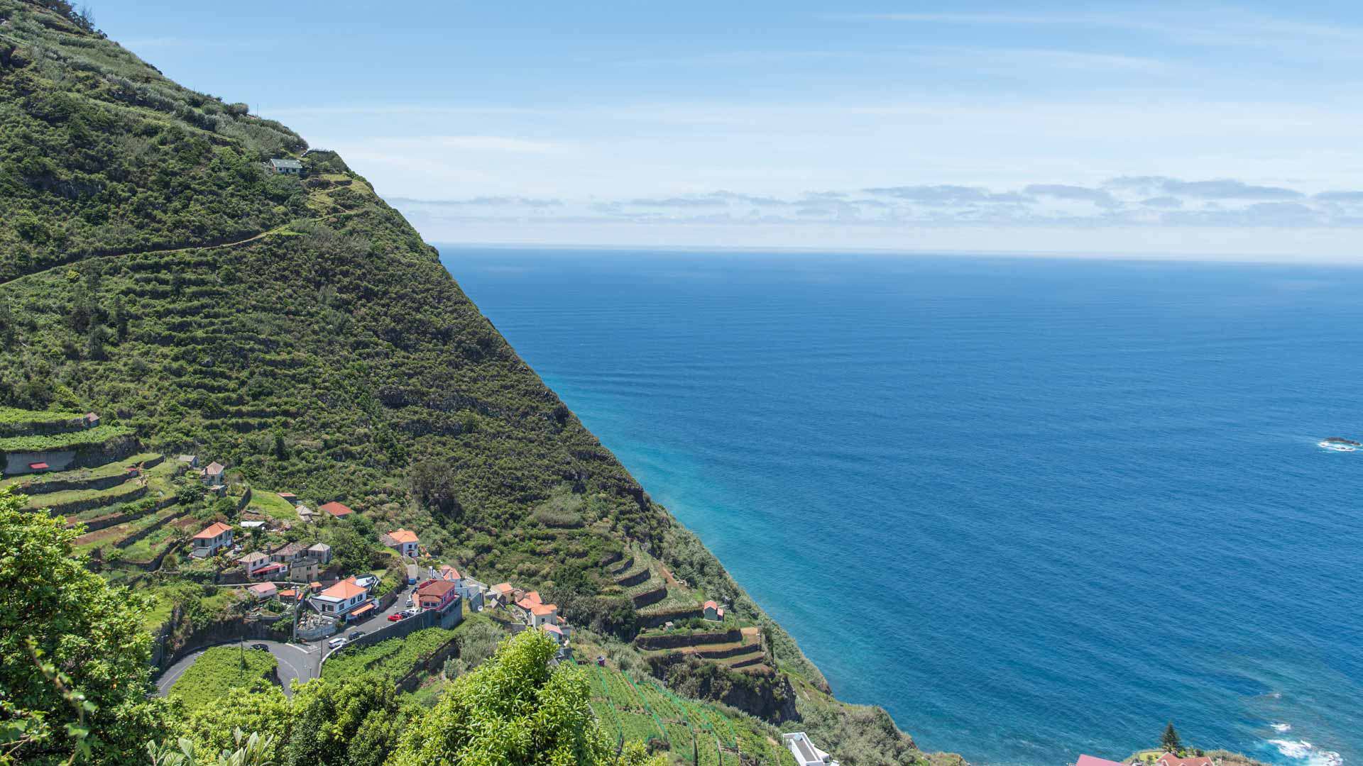 Häuser am grünen Hang mit Meerblick auf Madeira.