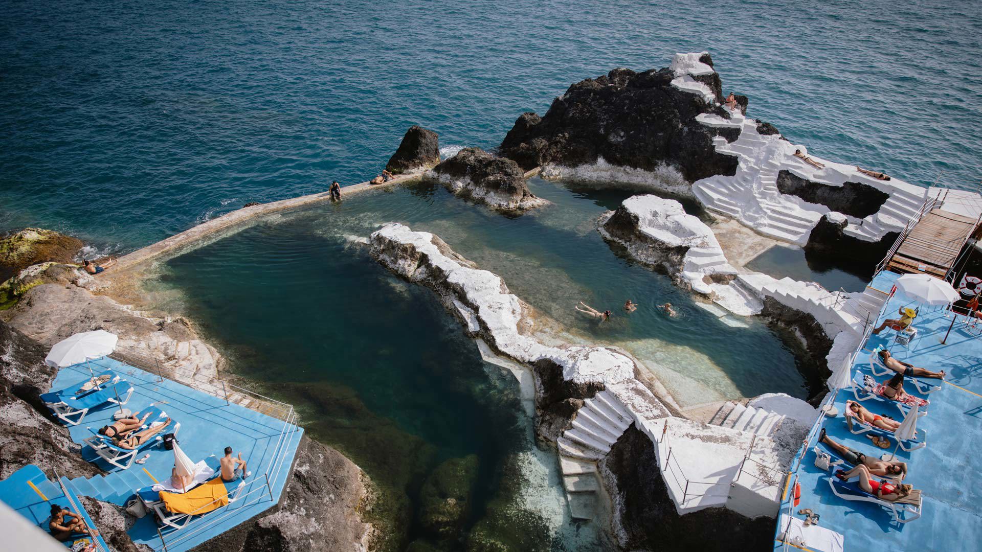 Natural pools at Doca do Cavacas in Funchal, Madeira, by the sea.