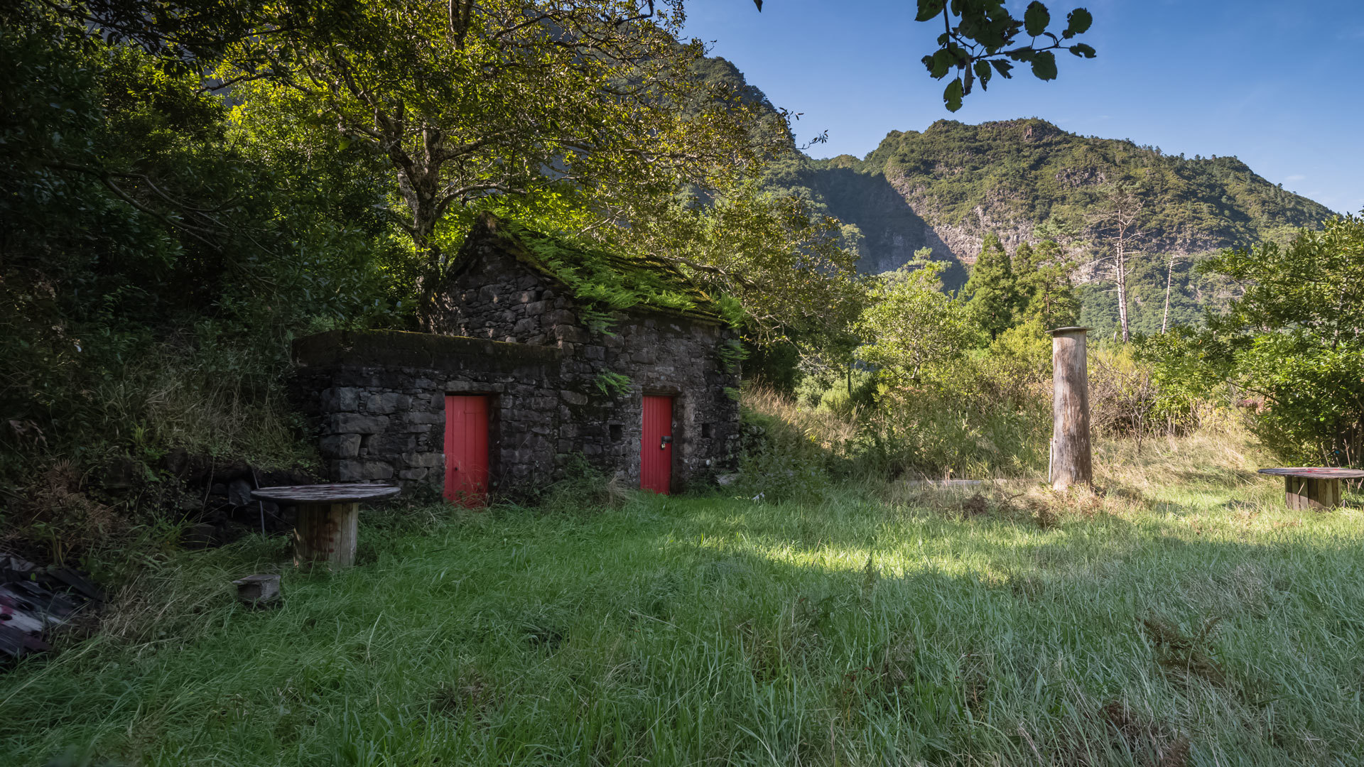 Casa com duas portas vermelhas rodeada de árvores e natureza na Madeira.