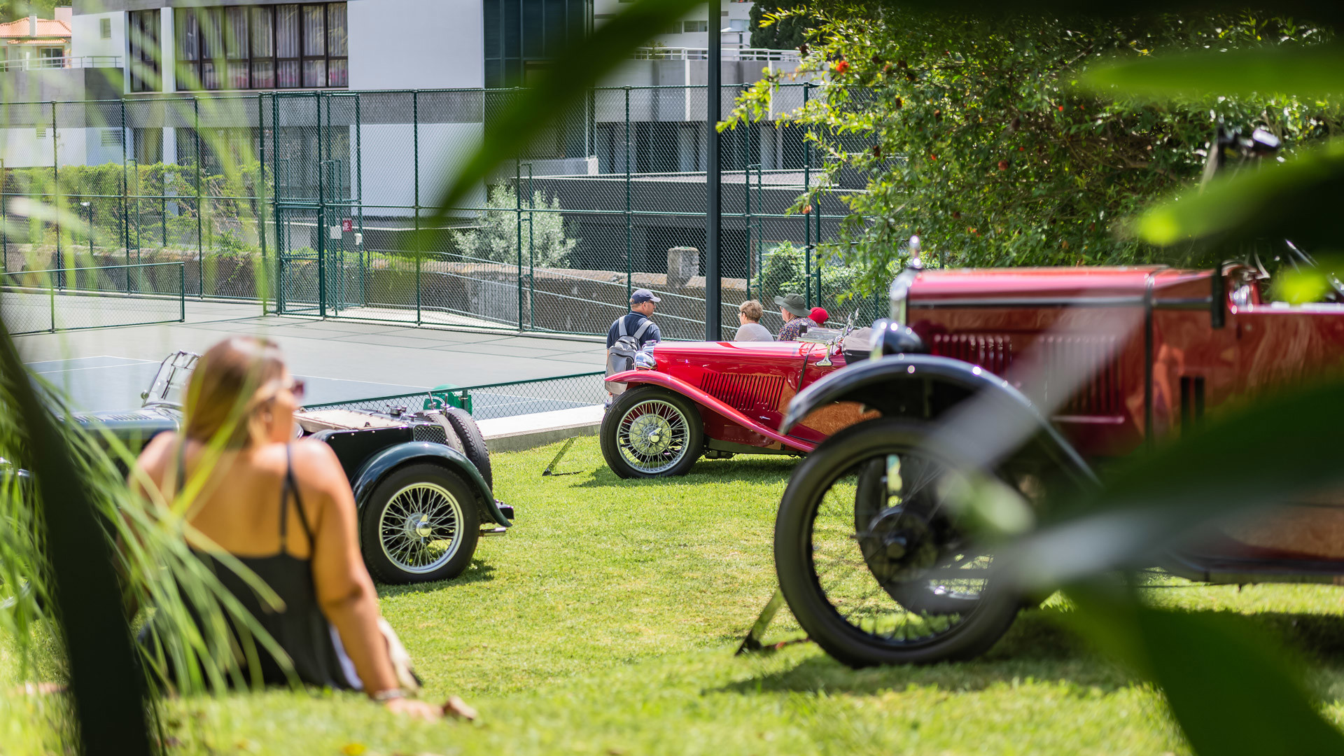 Femme assise sur l’herbe regardant des voitures classiques exposées.