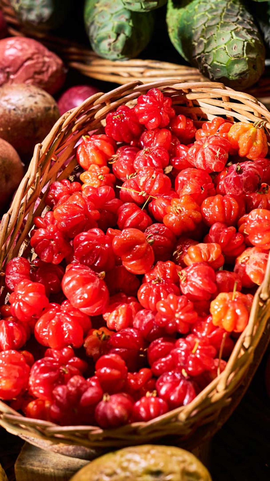 Basket filled with traditional fruit from Madeira Island.
