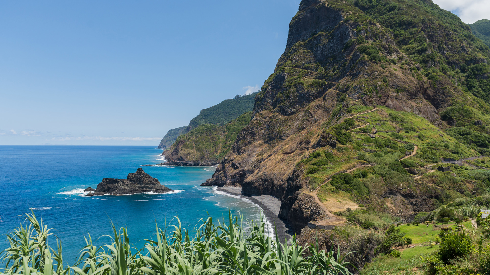Camino en montaña verde y mar en Madeira.