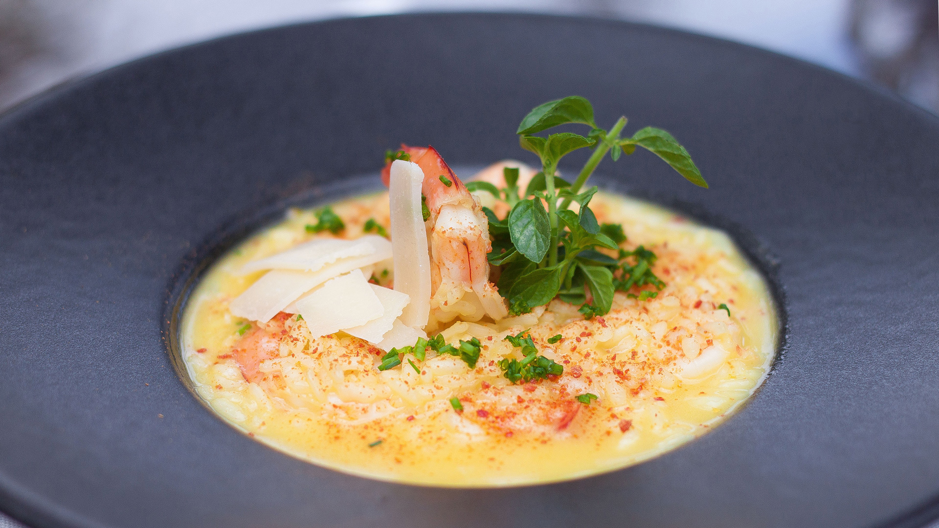 Teller mit Risotto, Käse, Garnelen und grüner Pflanze dekoriert.