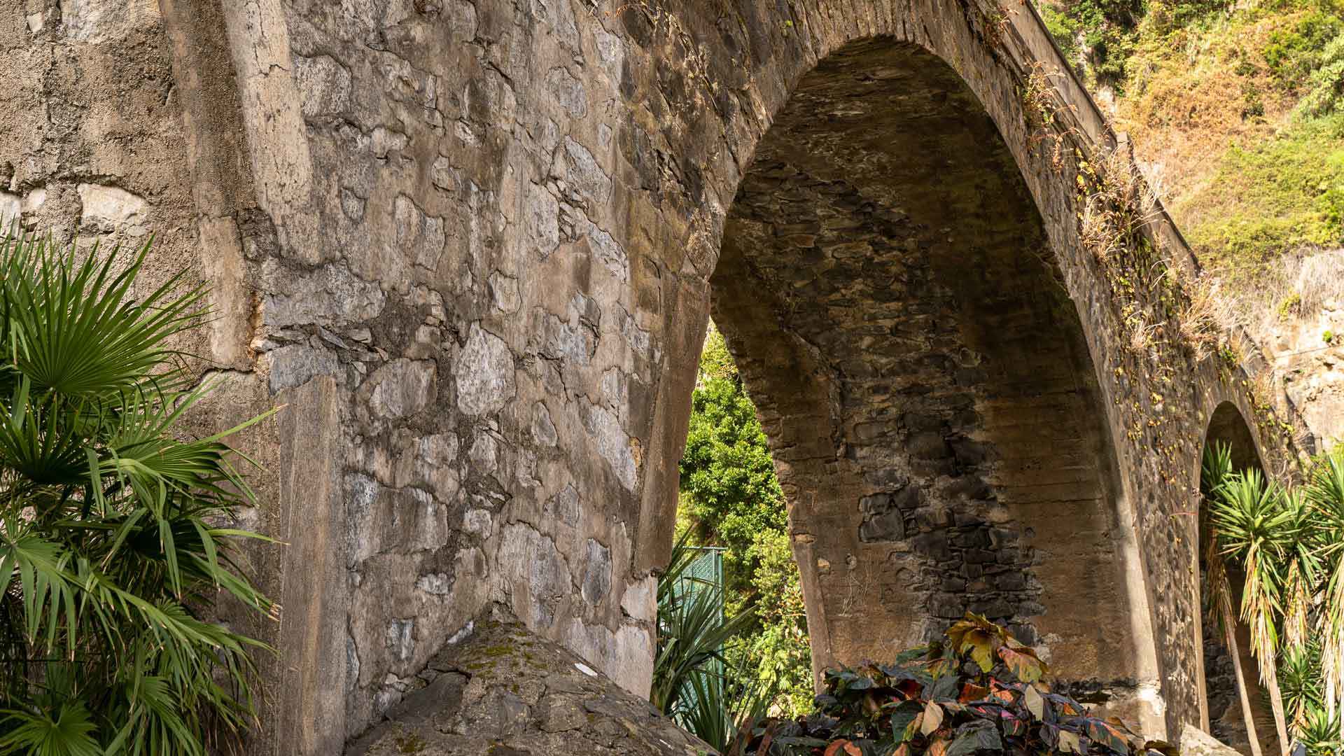 Pont en pierre et végétation verte à Madère.