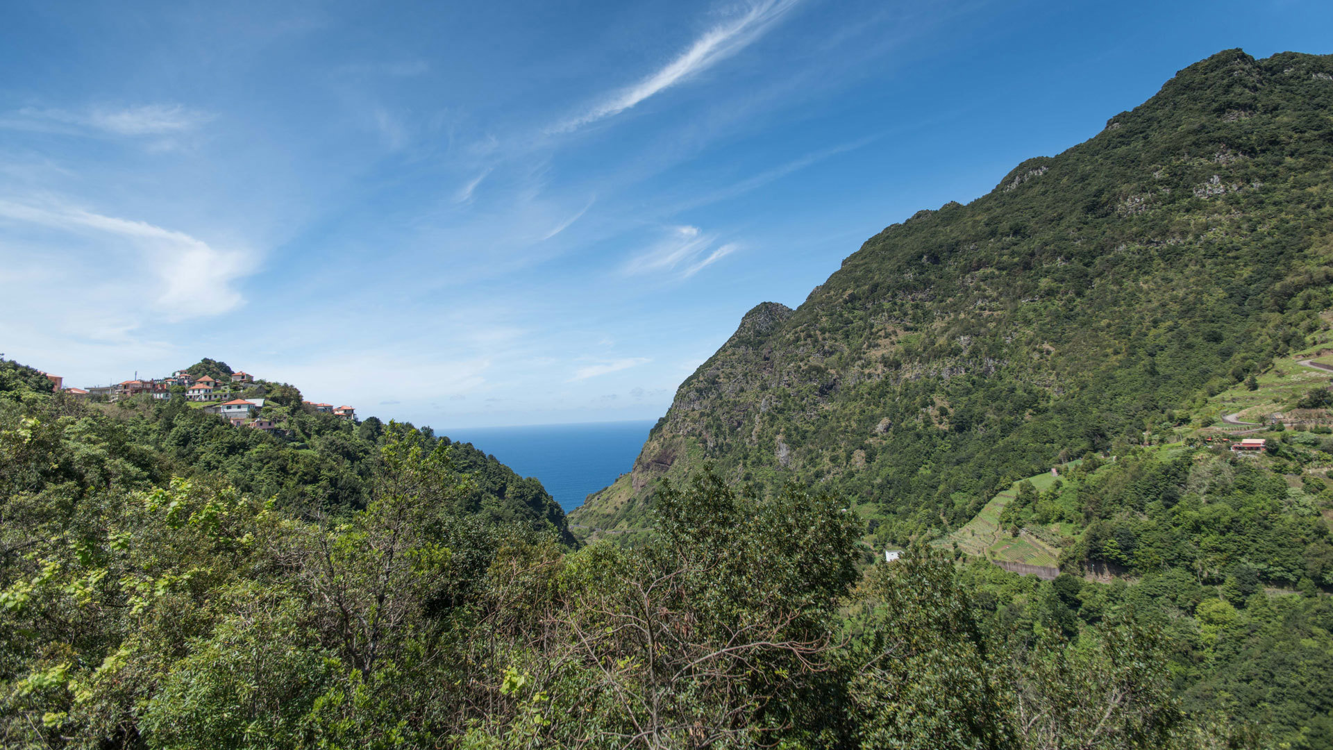 Montaña verde bajo cielo despejado en Madeira.