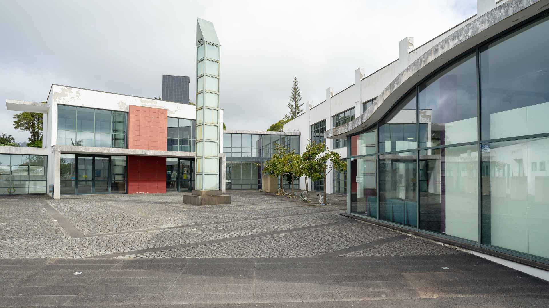 Glass buildings with stone flooring and trees.