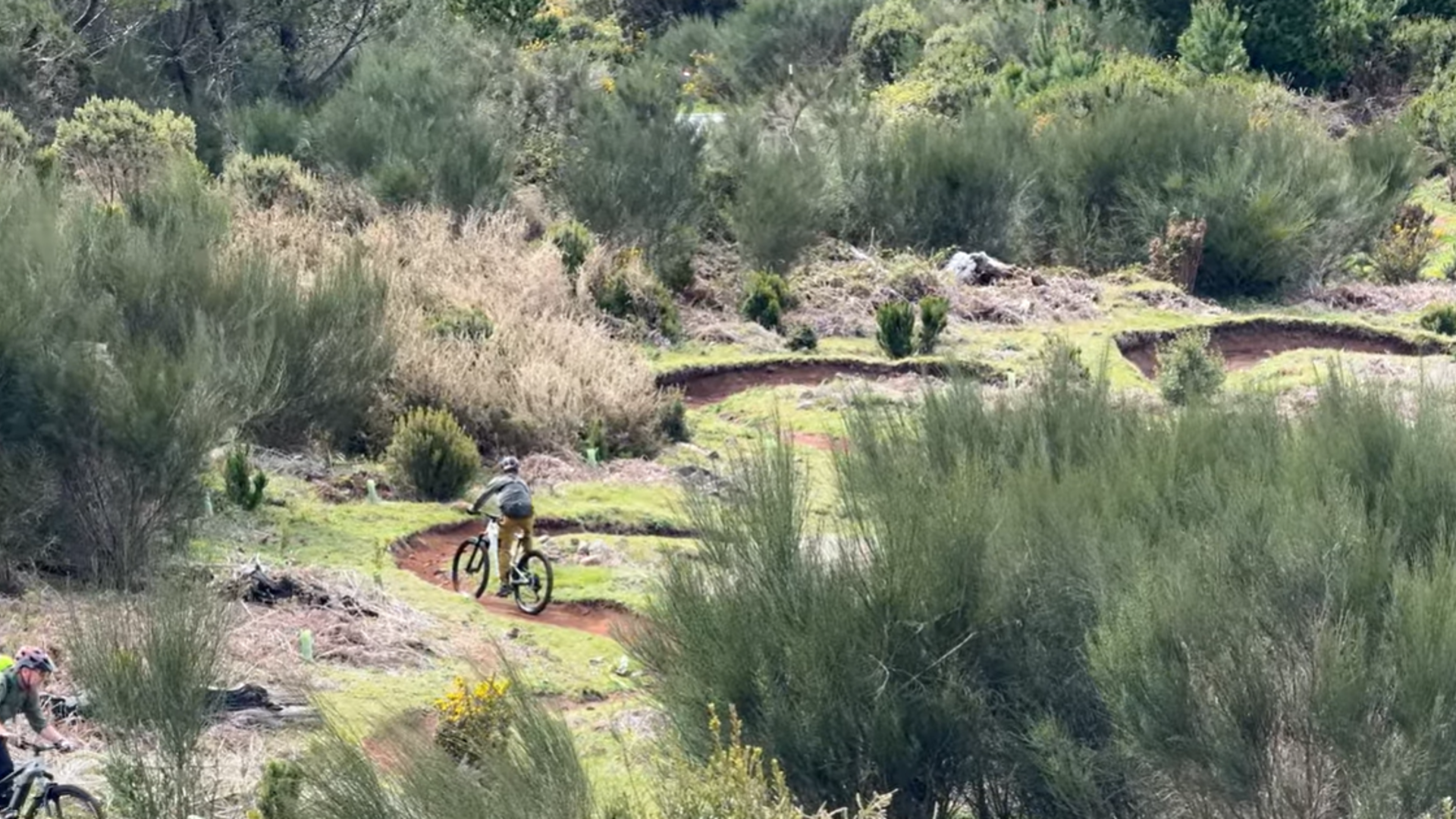 Mann fährt Mountainbike auf einem Naturpfad.